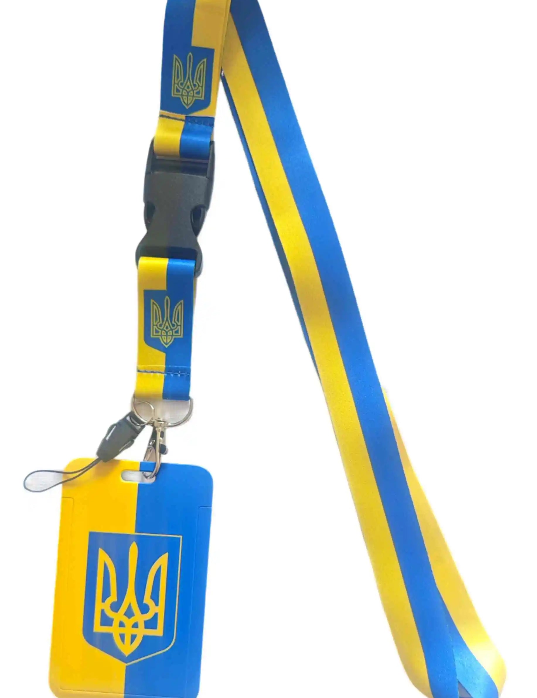 Ukraine cellphone card holder lanyard with detachable buckle in blue and yellow design, includes card sleeve for secure access.