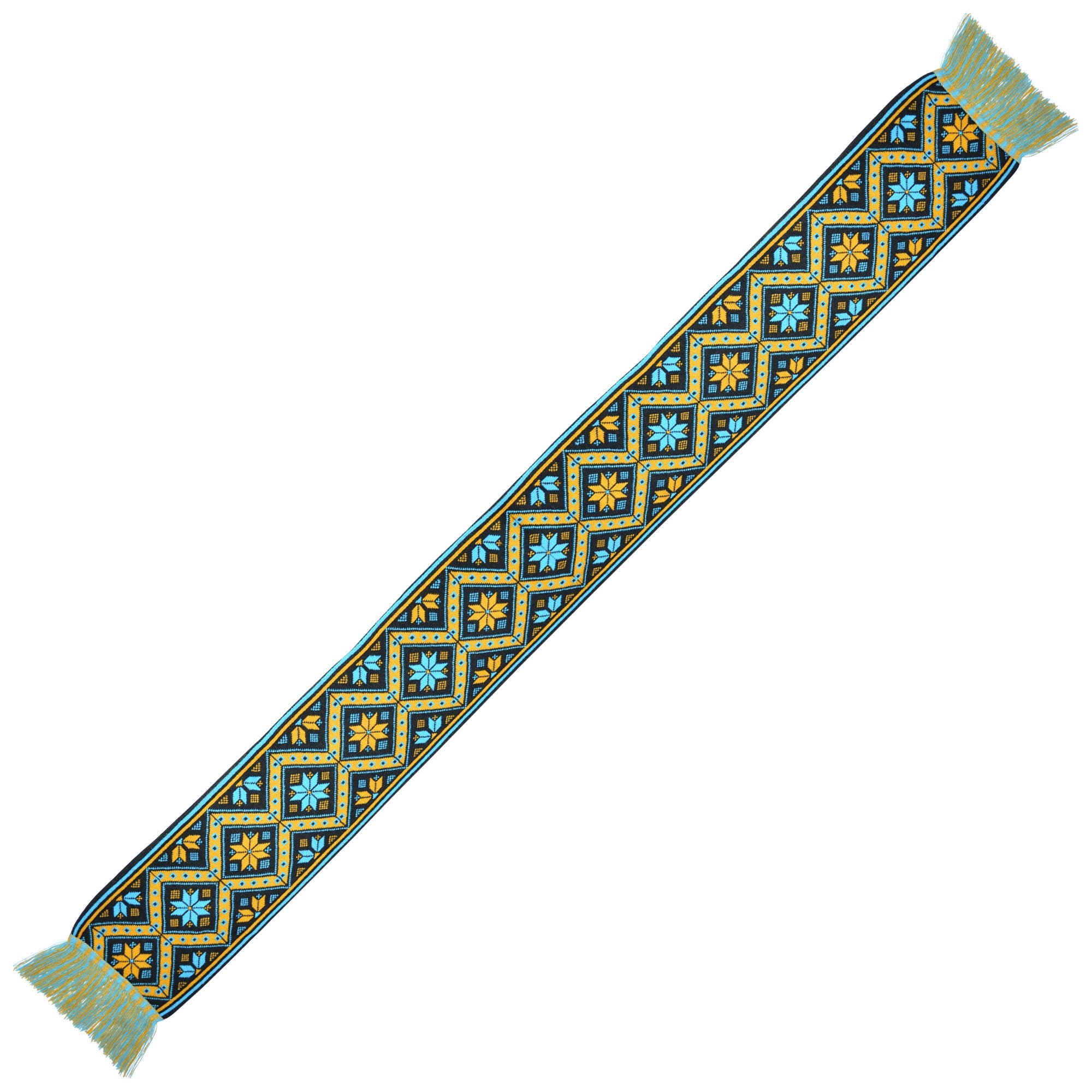 Cozy Knit Scarf with Traditional Yellow-Blue Ornament, Hypoallergenic Winter Accessory Inspired by Ukrainian Artistry