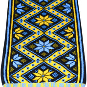 Traditional Ukrainian knit scarf with geometric pattern in yellow and blue, cozy and hypoallergenic, perfect for winter warmth.