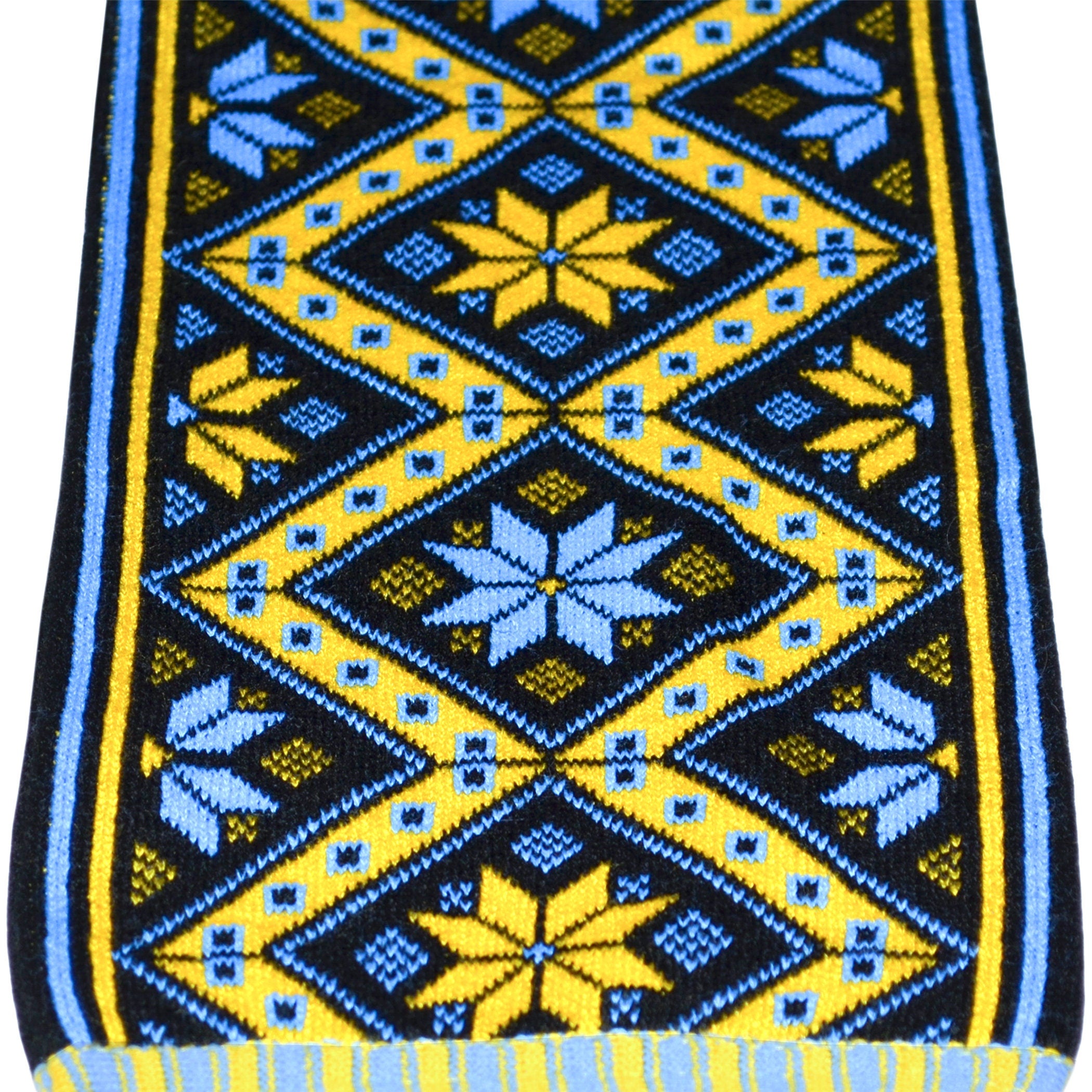 Traditional Ukrainian knit scarf with geometric pattern in yellow and blue, cozy and hypoallergenic, perfect for winter warmth.