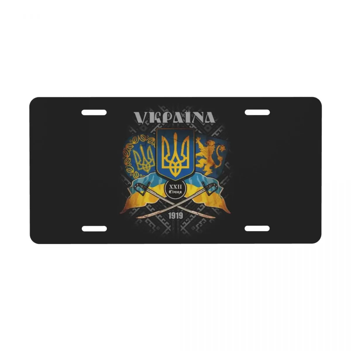 Custom Ukrainian license plate with national emblem design in durable black aluminum, showcasing Ukrainian pride.