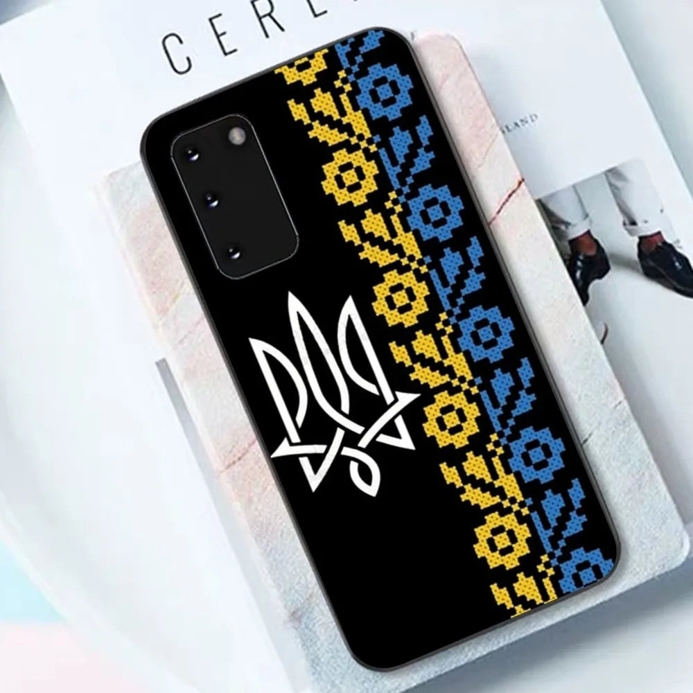 Tryzub Phone Case for Samsung with floral pattern, made of black TPU material, offering stylish protection for S6 to S21 Ultra models.