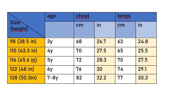Size chart for girls' embroidered linen dress, showing heights, ages, chest, and length in cm and inches for ages 3 to 8.