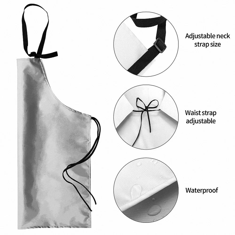 Adjustable neck and waist strap apron features waterproof material, highlighted in close-up images for enhanced kitchen use.