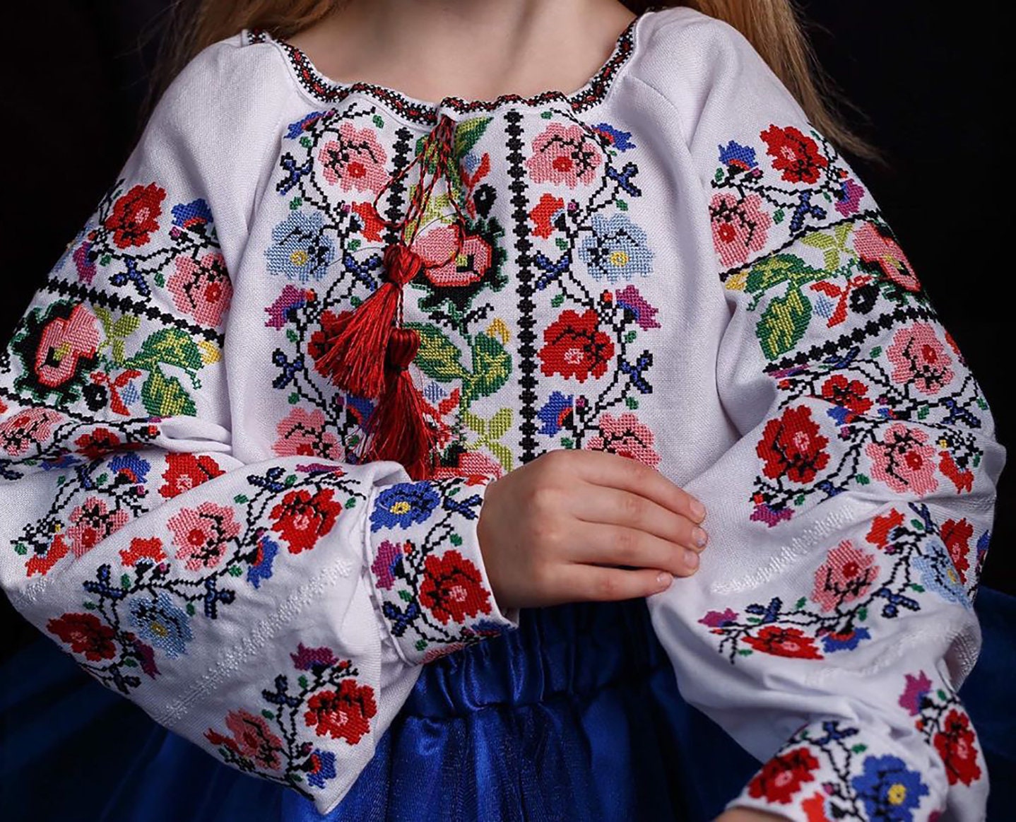 Ukrainian embroidered floral blouse for girls, traditional Vyshyvanka with vibrant cross-stitch design.