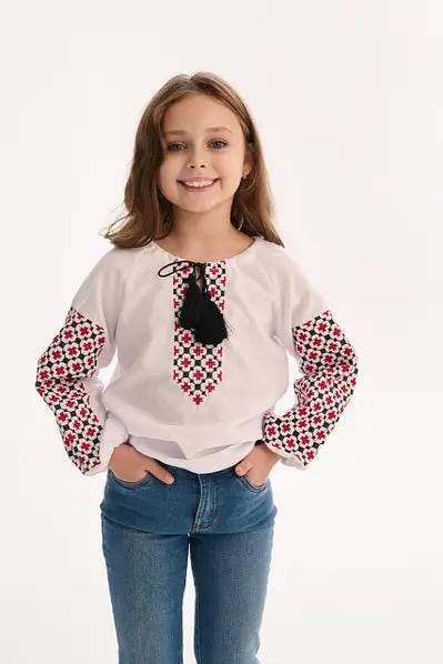 Young girl wearing Ukrainian embroidered blouse with traditional Vyshyvanka patterns, showcasing Slavic folk art style.