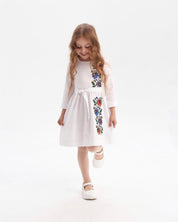 Girl wearing a Ukrainian embroidered dress with Slavic floral designs, representing traditional vyshyvanka style.