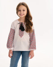 Girl wearing Ukrainian embroidered blouse with traditional Slavic patterns, celebrating cultural heritage.