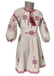 Ukrainian embroidered linen dress with red floral Rosava motif for girls, featuring 3/4 sleeves and belt, traditional Vyshyvanka style.