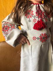 Girl wearing traditional Ukrainian embroidered linen dress with red floral patterns and a belt