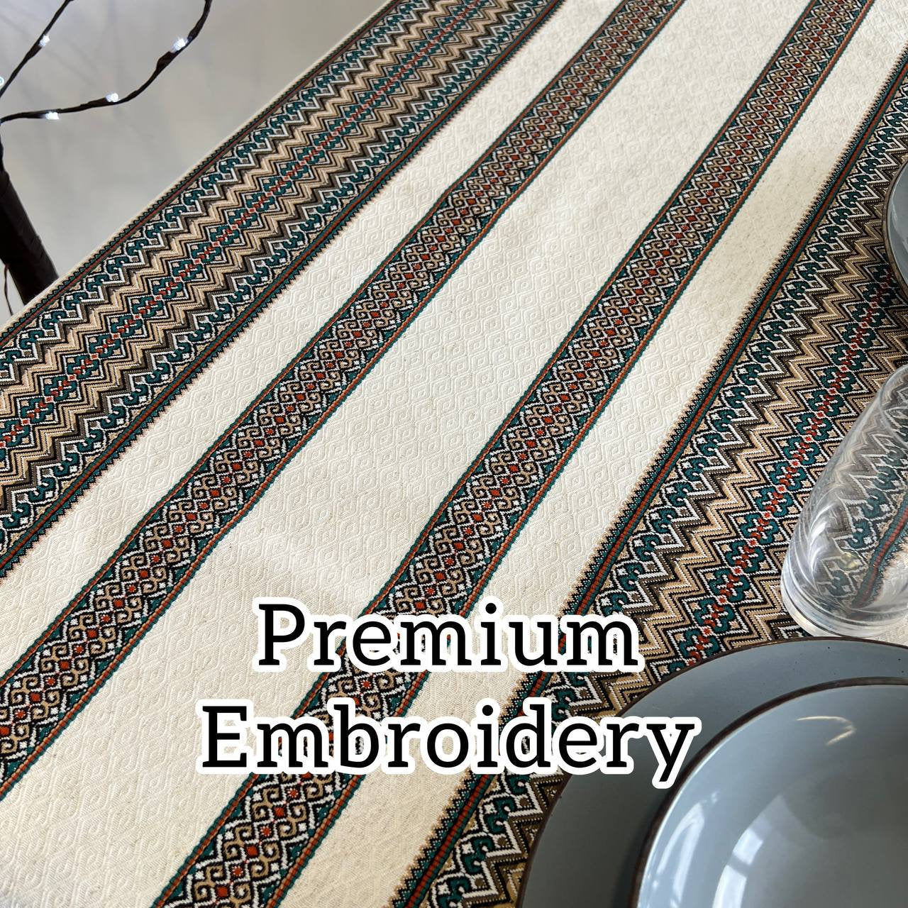 Ukrainian embroidered linen tablecloth with ethnic patterns, showcasing premium quality and natural fabric for dining decor.