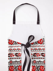 Ukrainian embroidered pattern apron with red and black floral design, adjustable straps, and high-quality polyester fabric.