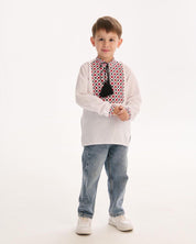 Young boy wearing a Ukrainian embroidered shirt, traditional Vyshyvanka style, with red and black patterns. Cultural attire for boys.