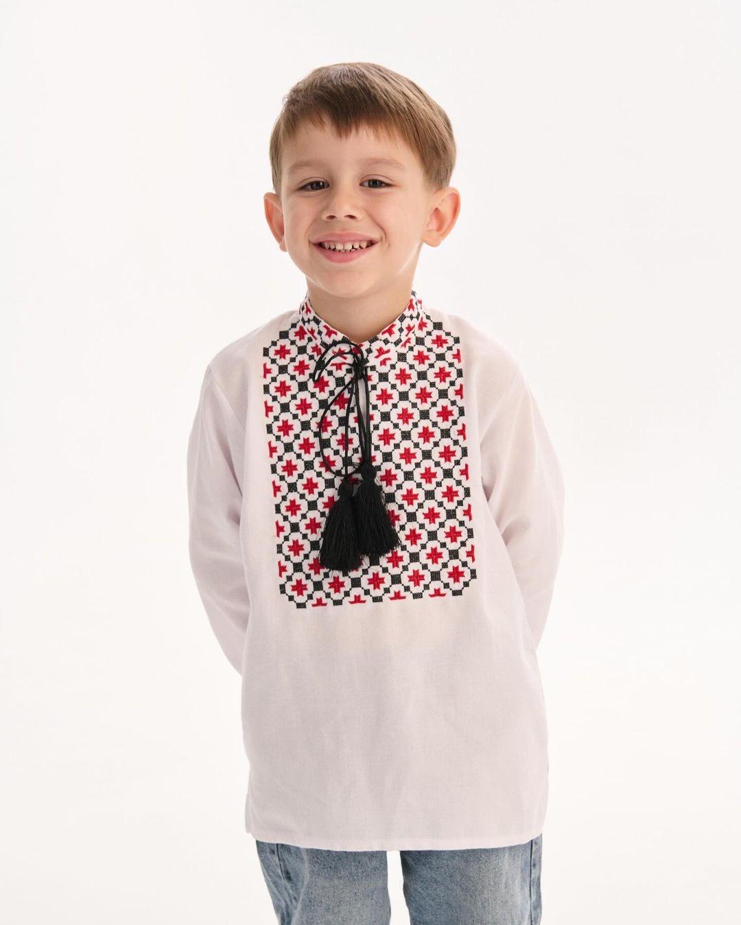 Boy wearing a Ukrainian vyshyvanka shirt with traditional embroidery, celebrating Slavic folk art and culture.