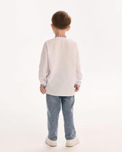 Boy wearing Ukrainian embroidered vyshyvanka shirt, showcasing traditional Slavic folk design, back view.