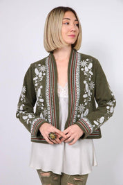Khaki embroidered women's jacket in Vyshyvanka style with Ukrainian ornament, showcasing cultural elegance.