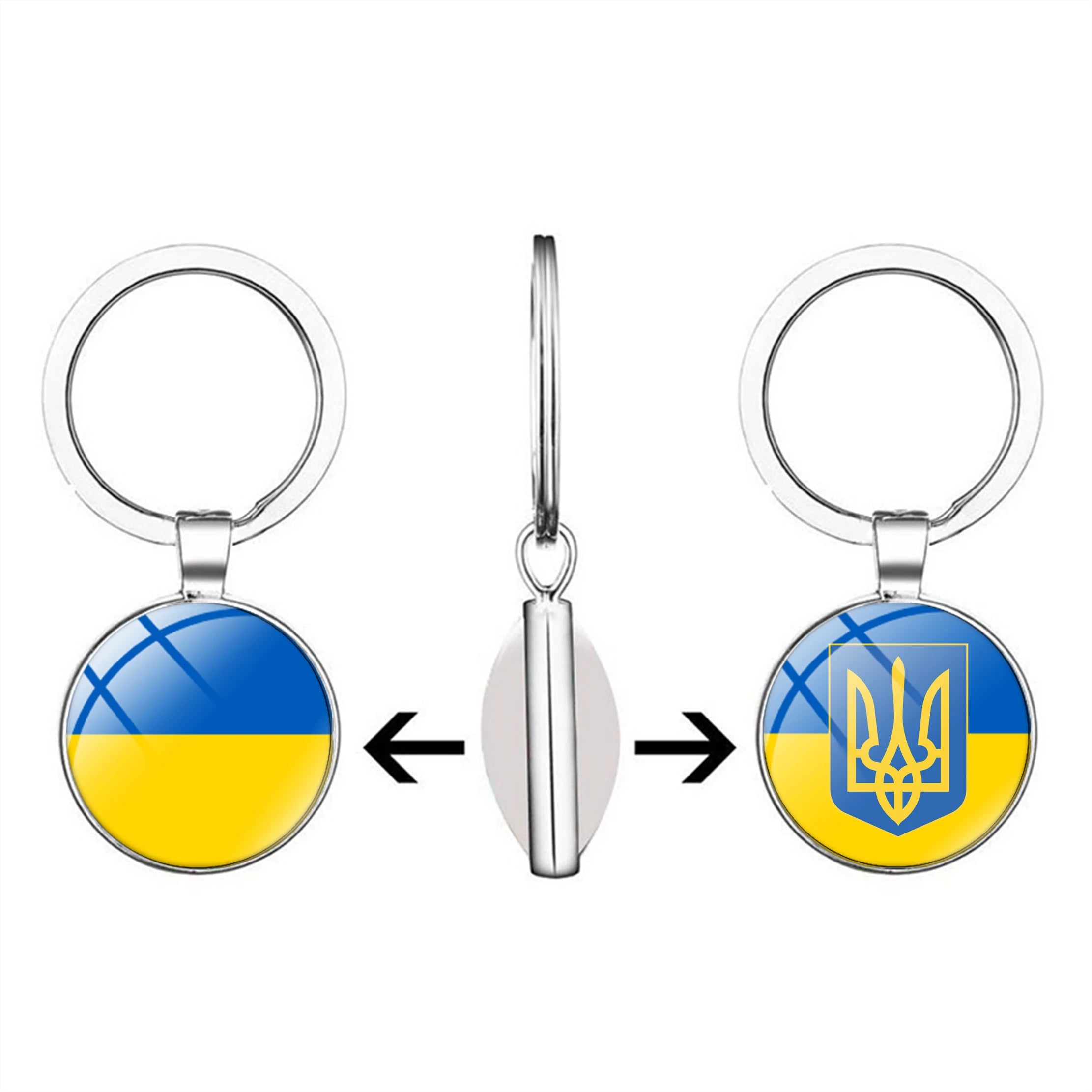 Ukraine Flag Keyhole Keychain Souvenir with Trident Emblem, double-sided design for stylish accessory.