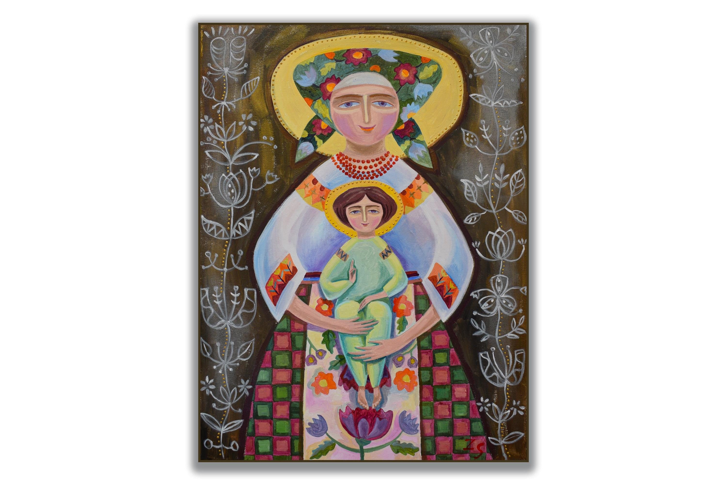 Ukrainian folk art painting of Virgin Mary with Jesus, featuring traditional clothing and cultural motifs.