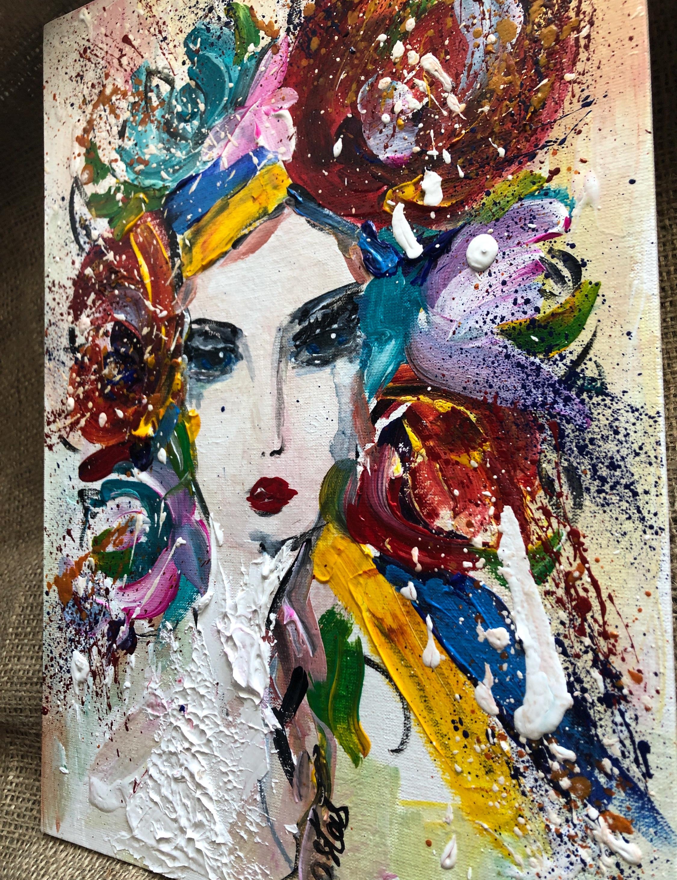 Vibrant Ukrainian girl in ethnic wreath, contemporary folk art painting, home decor, acrylic and textured 3D effects.