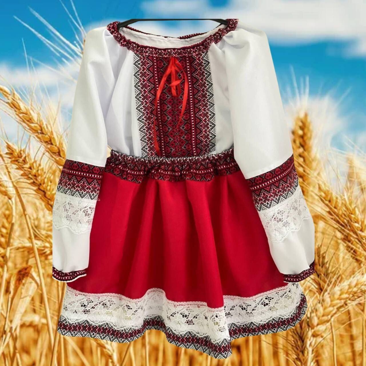 Traditional Ukrainian embroidered dress with red skirt and white blouse, featuring intricate patterns, set against a wheat field backdrop.