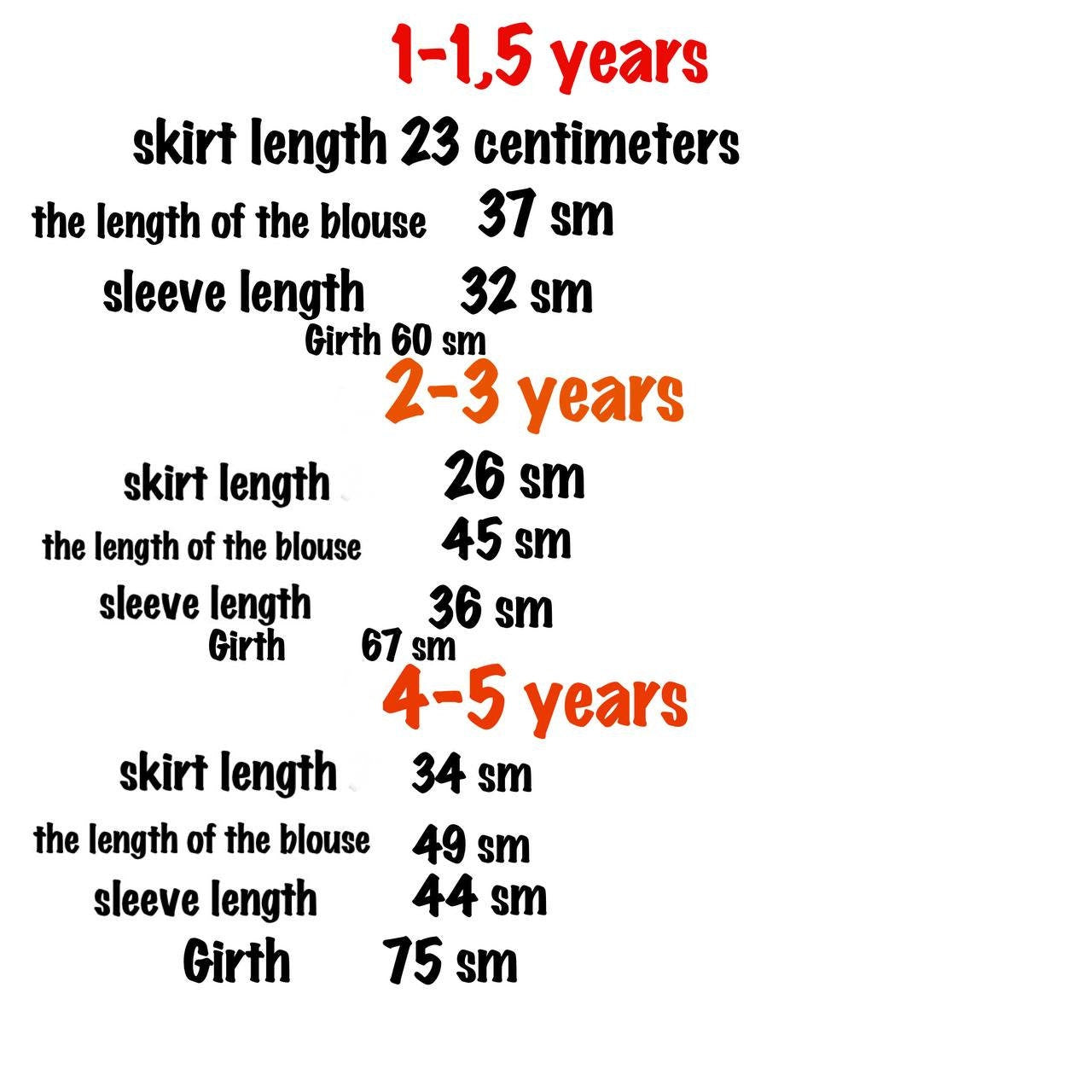 Size chart for Ukrainian embroidered dress set for girls, displaying skirt, blouse, sleeve lengths for ages 1-5 years.