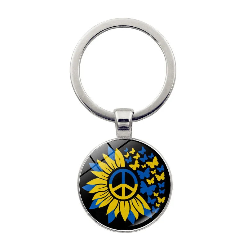 Ukrainian Glass Keychain with Peace Sign and Sunflower Emblem in Blue and Yellow