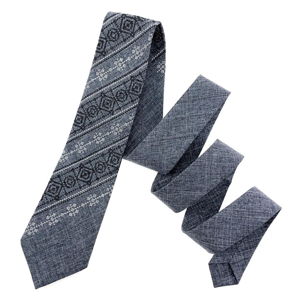Ukrainian gray embroidered classic tie with elongated folk ornament, ideal gift for men, perfect for formal and festive occasions.