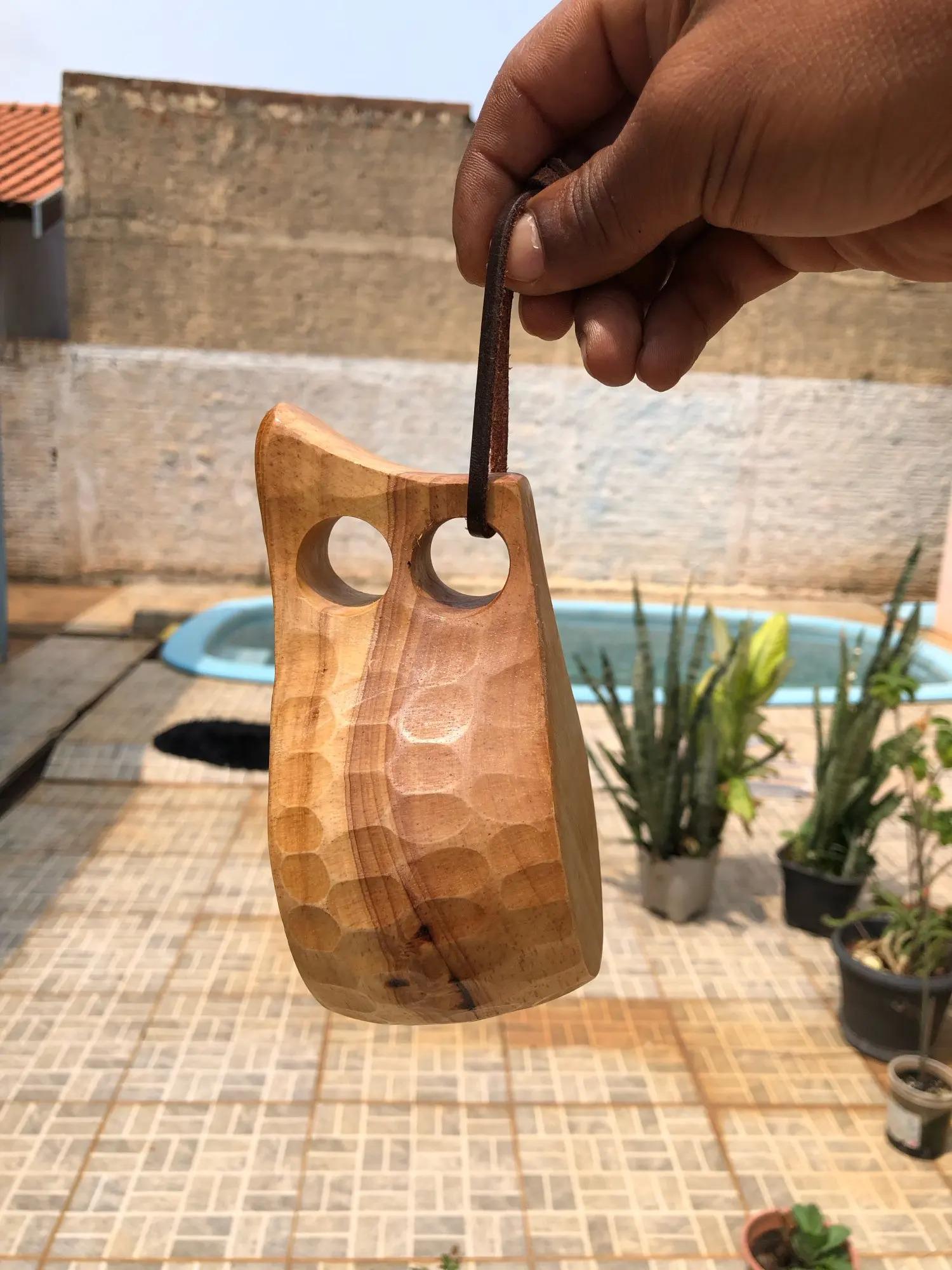 Handmade Ukrainian Wooden Kuksa Mug, 200ml – Rustic cup for coffee or tea outdoors, with natural wood finish and leather strap.