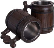 Handcrafted Ukrainian wooden beer mug, 10 oz, classic dark brown with traditional carvings and metal inner cup.