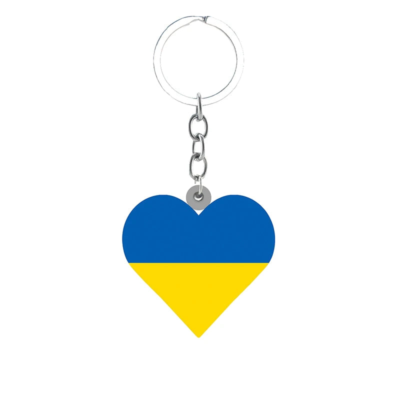 Heart-shaped acrylic keychain featuring the blue and yellow colors of the Ukrainian flag, symbolizing pride and unity.