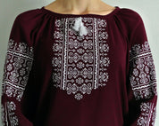 Elegant Marsala Boho Vyshyvanka Blouse with White Ukrainian Embroidery and Geometric Patterns.