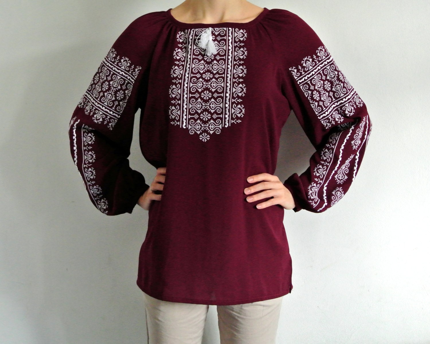Marsala Boho Vyshyvanka Blouse with White Geometric Embroidery Patterns