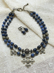 2025 Blue Ukrainian Necklace "Magic of the Night" with Sodalite and Bronze Accents on Textured Fabric Background