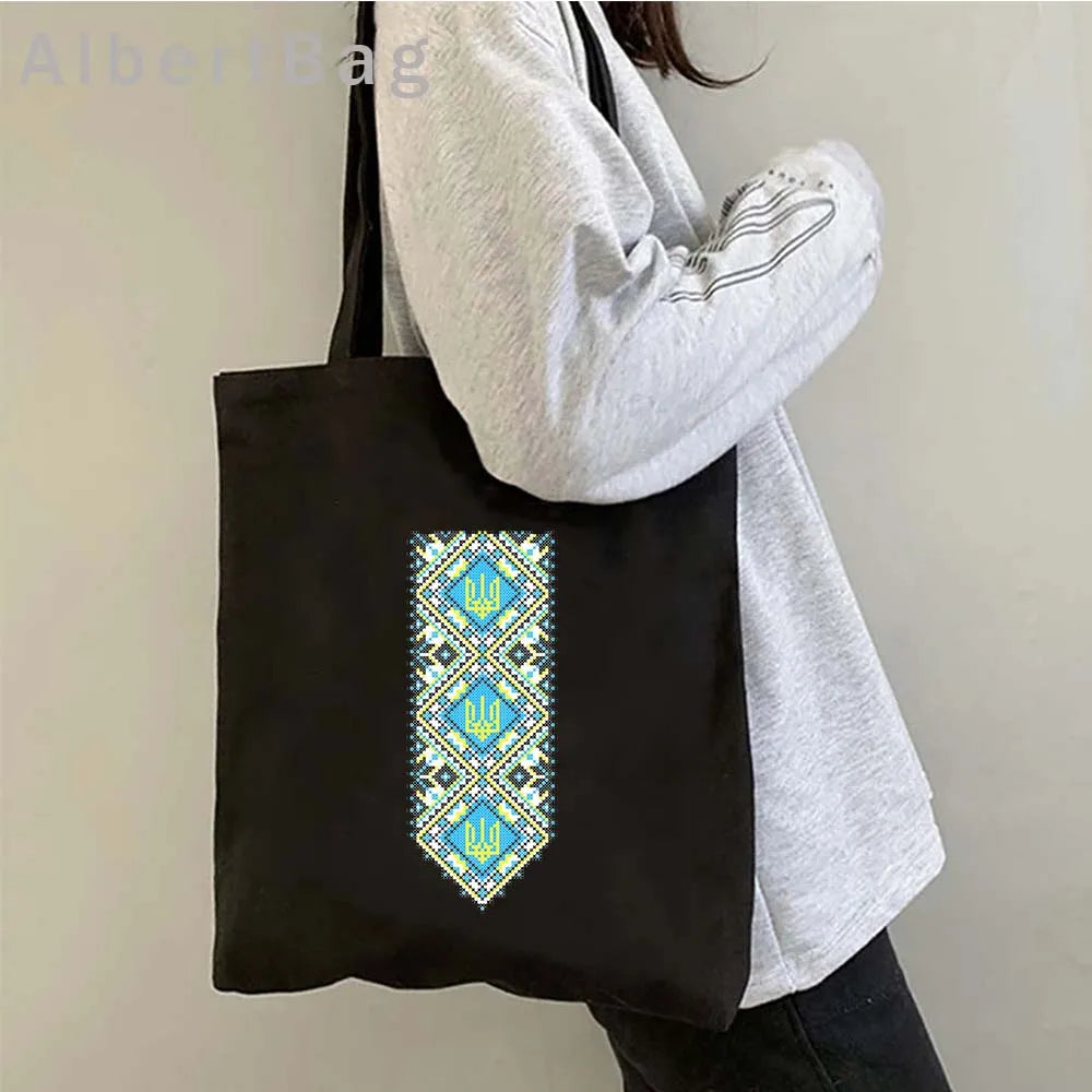 Ukrainian Patriotic Grocery Tote Bag with traditional print design, made of eco-friendly cotton, perfect for shopping.