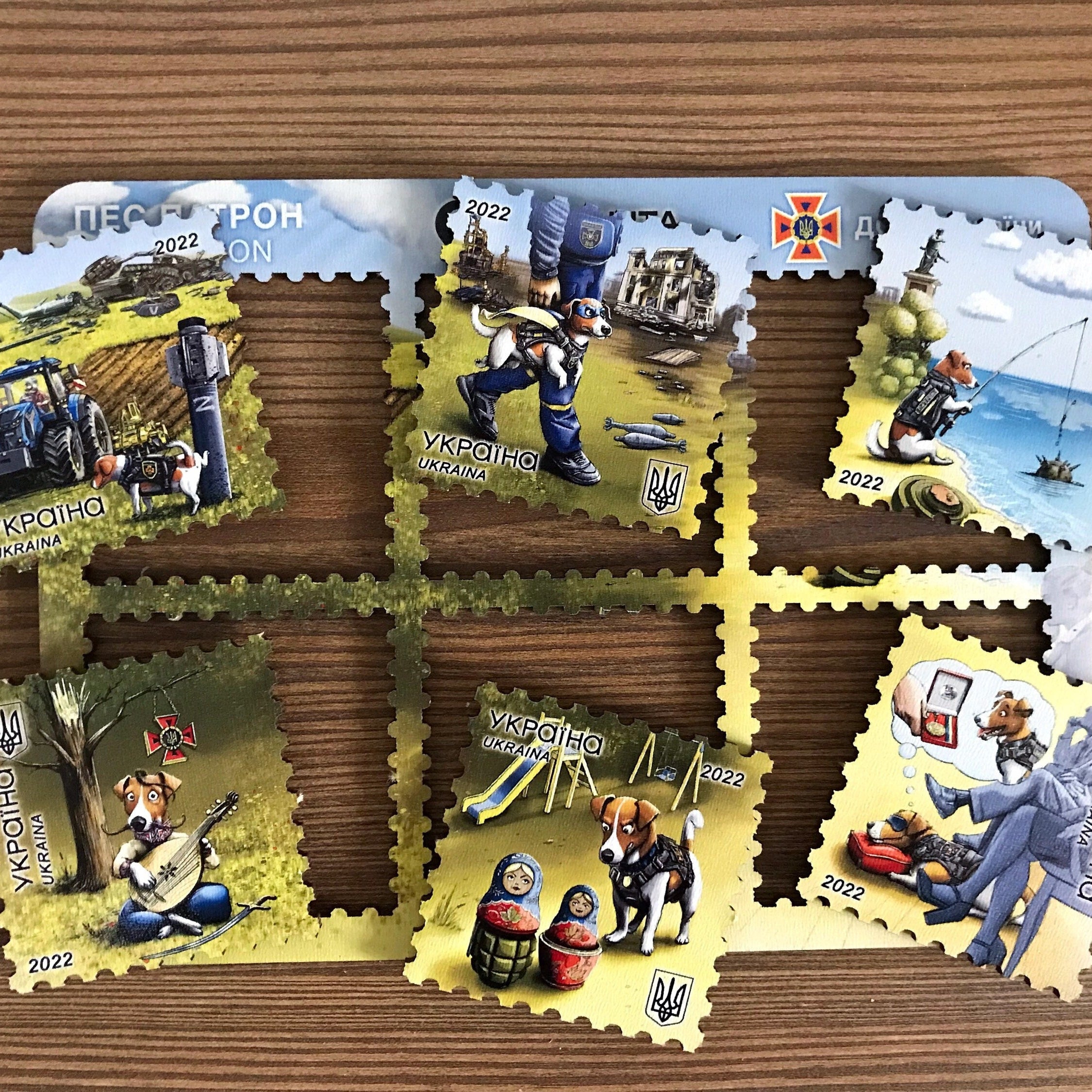 Wooden fridge magnets set featuring Ukrainian postage stamps of Patron dog, symbol of courage and loyalty.