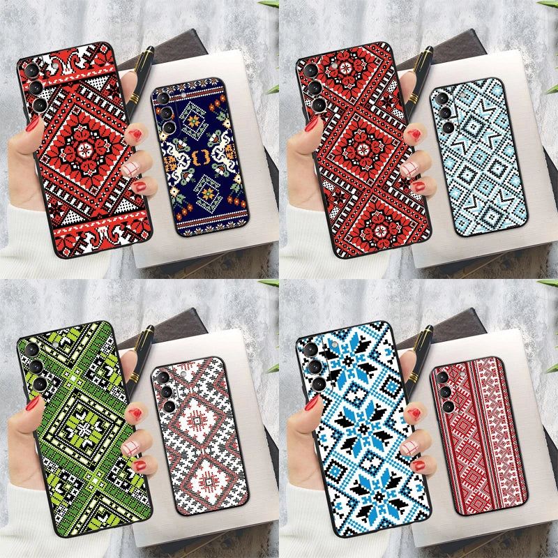 Assorted Ukrainian pattern phone cases for Samsung Galaxy, featuring vibrant traditional ornament designs in red, blue, green, and more.