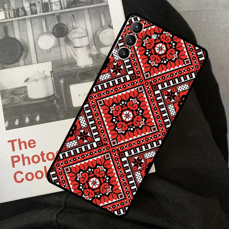 Ukrainian Pattern Phone Case for Samsung Galaxy with red ornament design, offering style and protection.