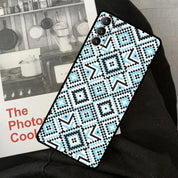Ukrainian pattern phone case for Samsung Galaxy with blue and black geometric design, showcasing traditional ornament style.