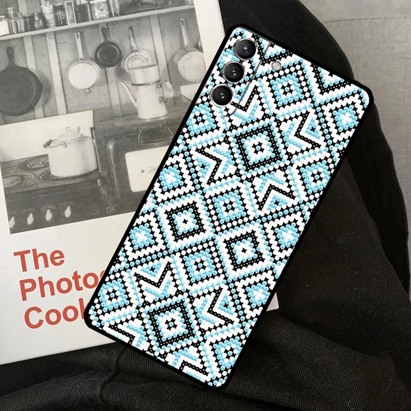 Ukrainian pattern phone case for Samsung Galaxy with blue and black geometric design, showcasing traditional ornament style.