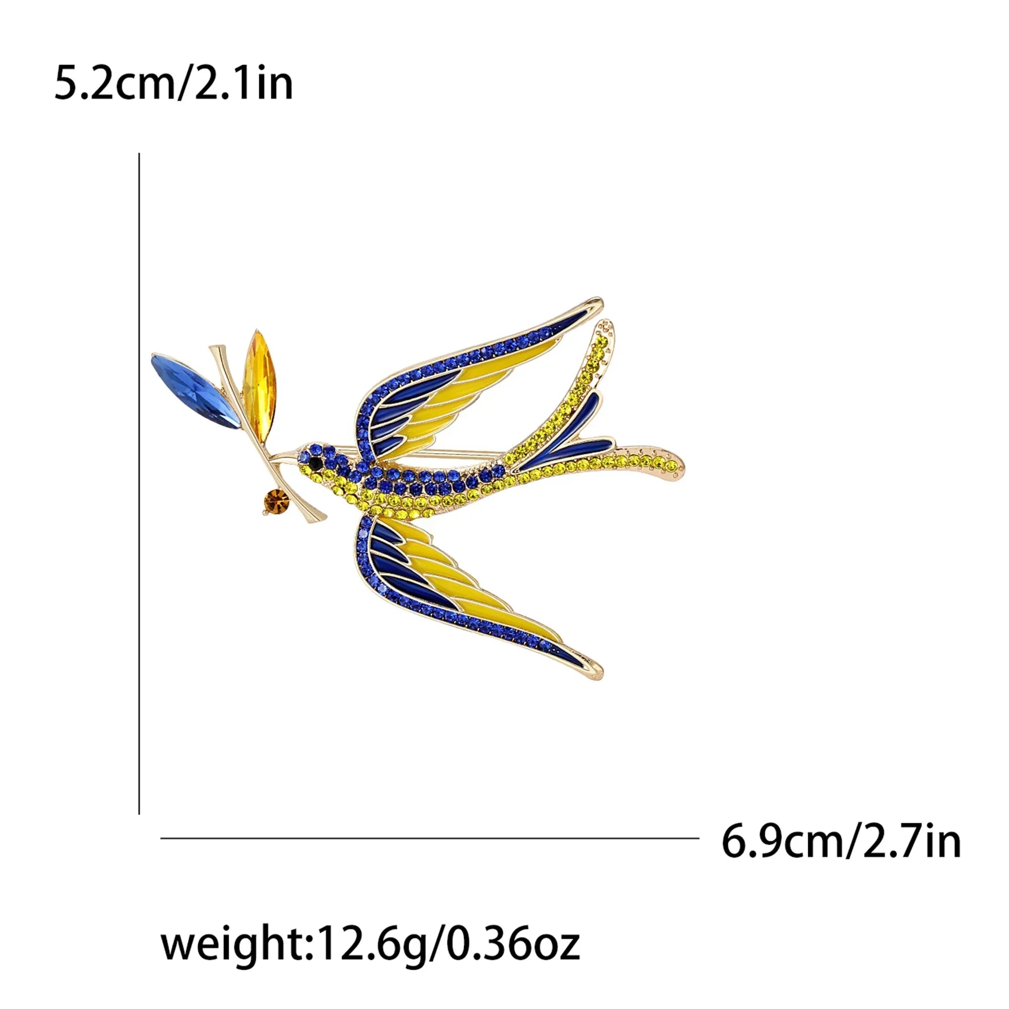 Ukrainian Peace Martlet Brooch with intricate blue and yellow design, 5.2cm by 6.9cm, symbolizing hope and unity.