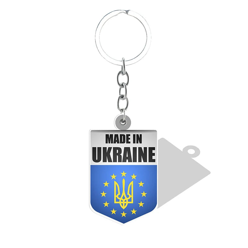 Ukrainian Symbols Pendant Keychain with Trident and "Made in Ukraine" text in high-quality resin design.