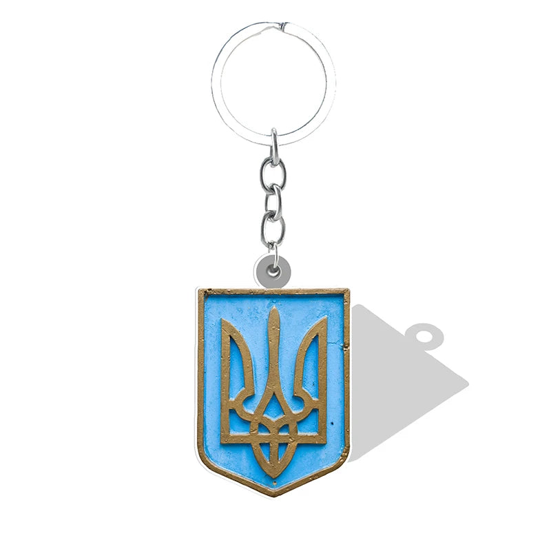 Ukrainian Symbols Pendant Keychain with Trident, acrylic and resin design, symbolizing heritage, unity, and peace.
