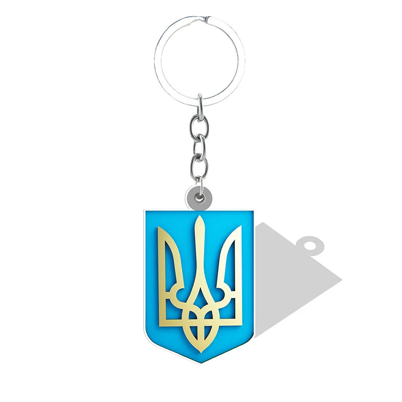 Ukrainian Trident Symbol Pendant Keychain in blue and gold, promoting heritage and peace.