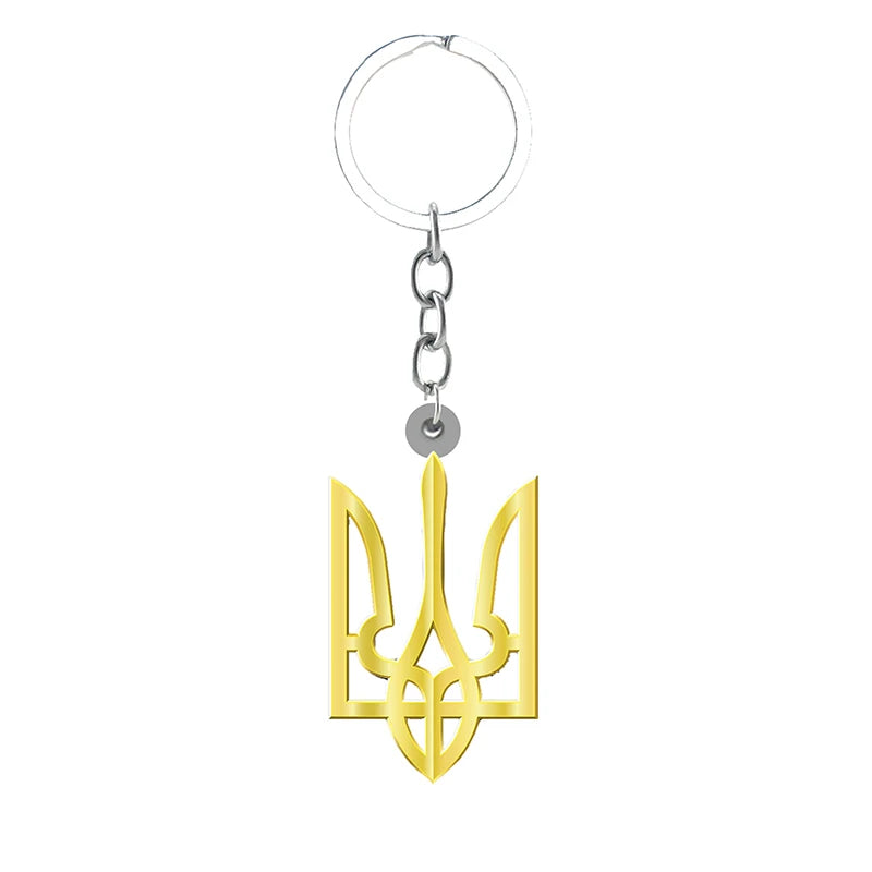 Ukrainian Trident Pendant Keychain in gold resin, symbolizing unity and pride, perfect for showcasing Ukrainian heritage.
