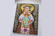 Ukrainian folk art painting of Virgin Mary with Jesus, featuring traditional clothing and embroidery, rich in cultural motifs.
