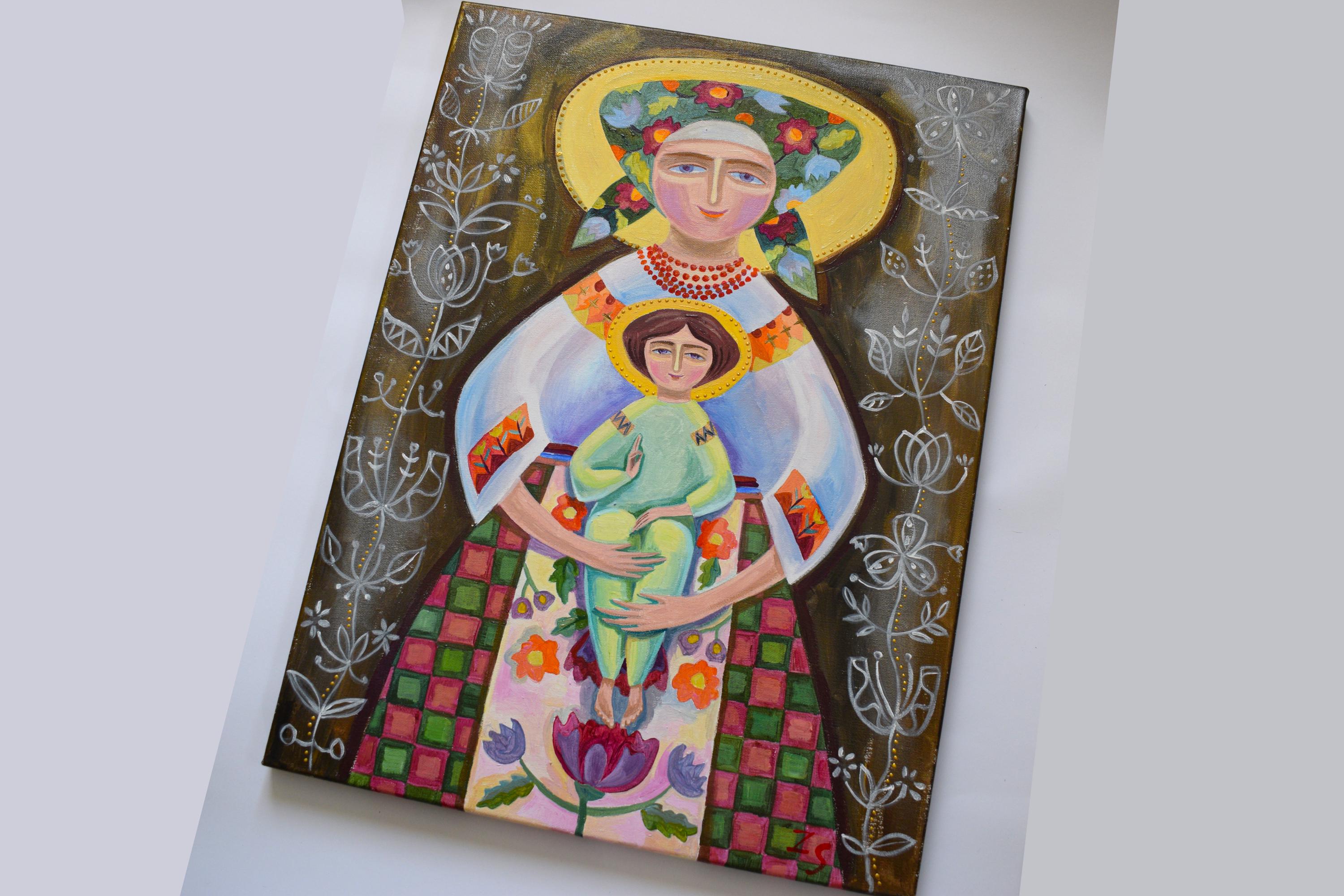 Ukrainian folk art painting of Virgin Mary with Jesus, featuring traditional clothing and rich cultural motifs.