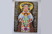 Ukrainian Virgin Mary with Jesus in traditional folk art style, featuring embroidered clothing and cultural motifs on canvas.