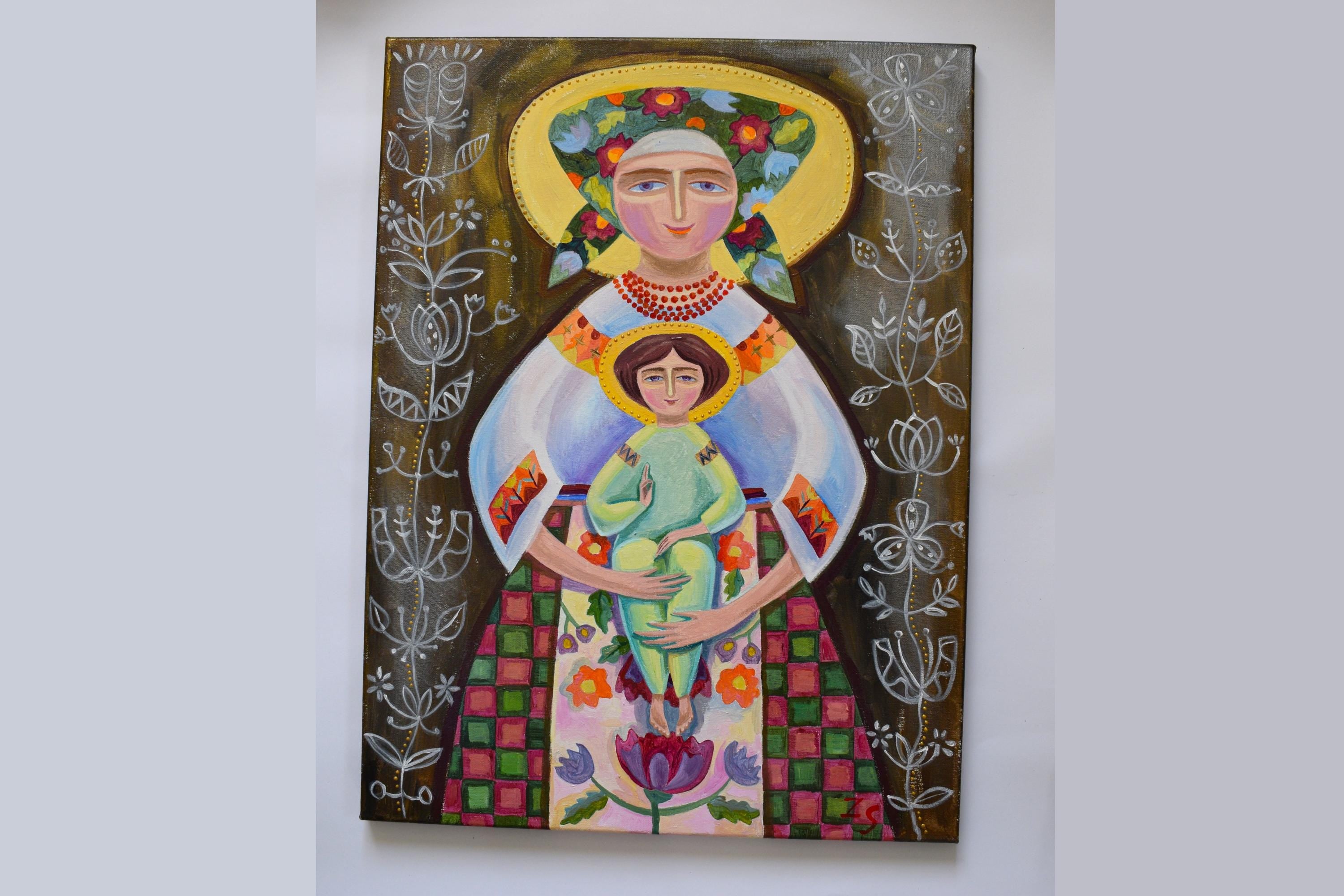 Ukrainian Virgin Mary with Jesus in traditional folk art style, featuring embroidered clothing and cultural motifs on canvas.