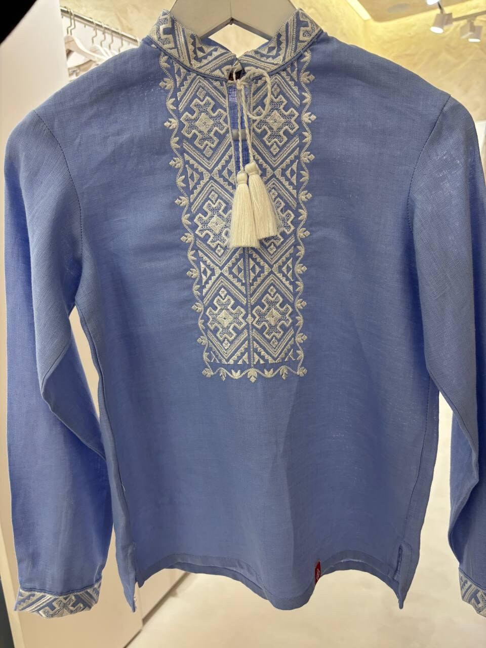 Blue Ukrainian Vyshyvanka with white cross-stitch embroidery for boys