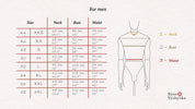 Size chart for men's embroidered Vyshyvanka shirt, detailing neck, bust, and waist measurements from XXS to 3XL.